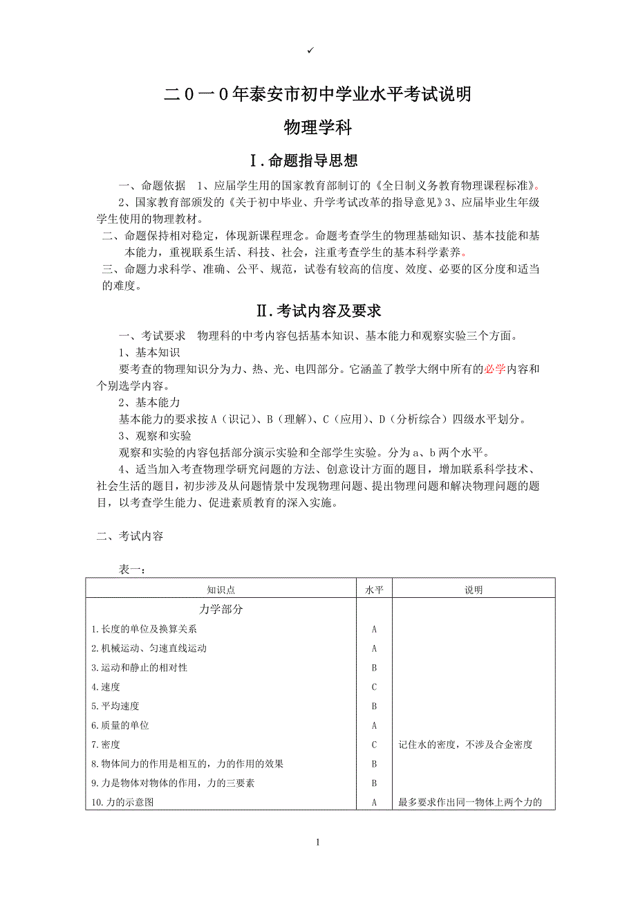 二O一O年泰安市初中学业水平考试说明.doc_第1页