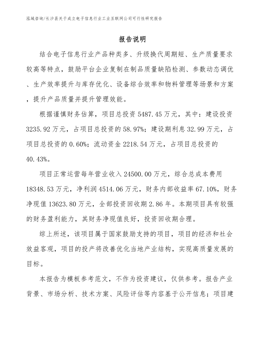 长沙县关于成立电子信息行业工业互联网公司可行性研究报告（模板范文）_第1页