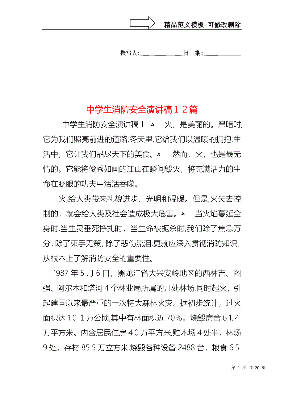 中学生消防安全演讲稿12篇_第1页