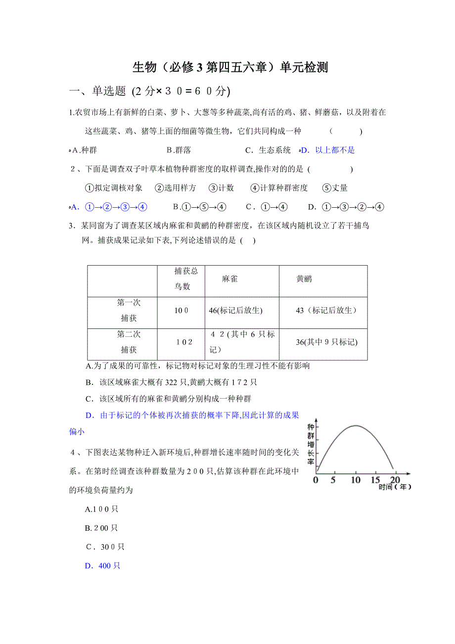 高中生物必修三第四五六章测验卷(含答案)_第1页