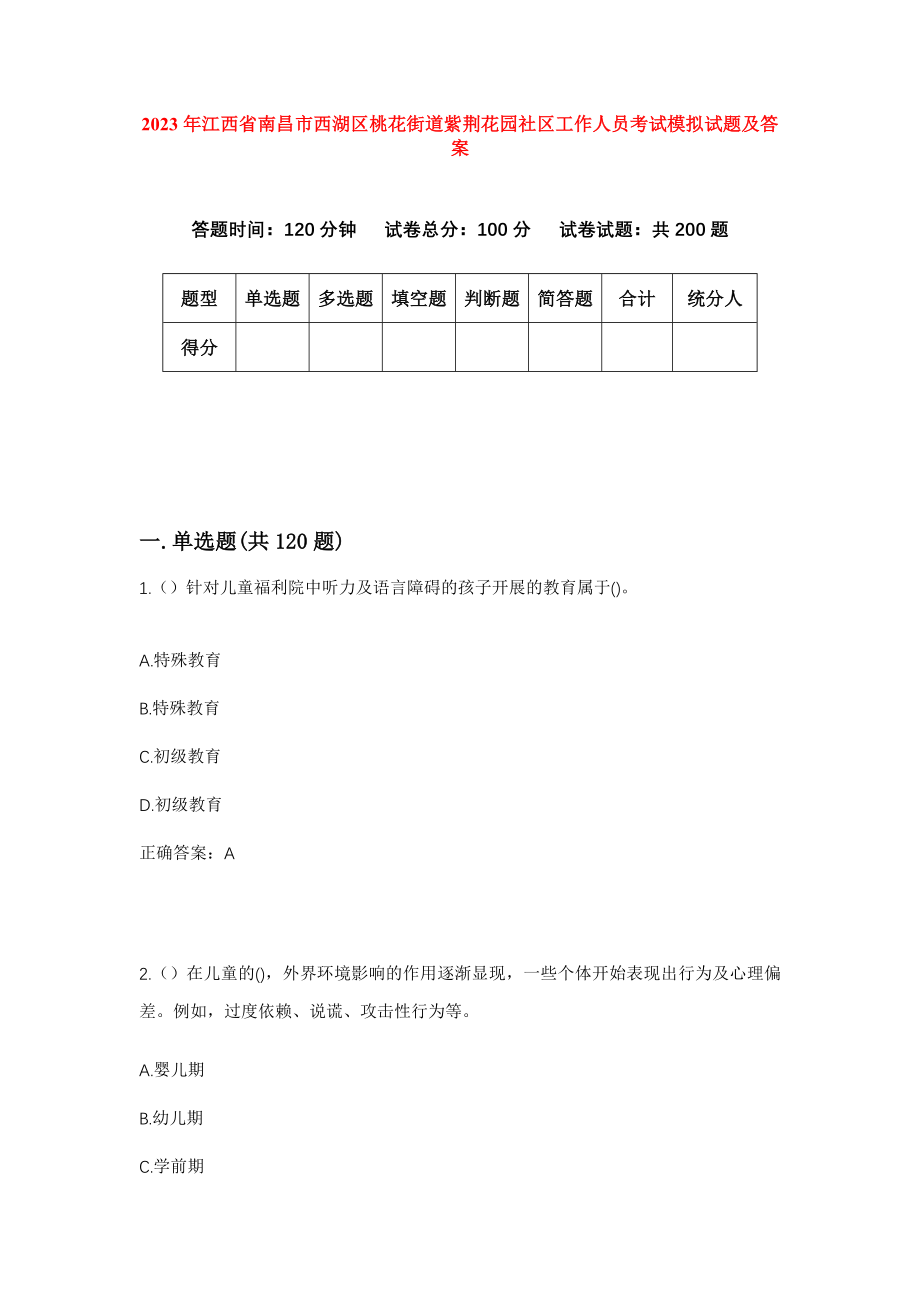 2023年江西省南昌市西湖区桃花街道紫荆花园社区工作人员考试模拟试题及答案_第1页