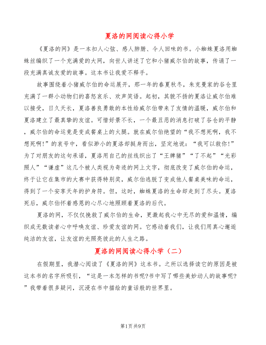 夏洛的网阅读心得小学（8篇）_第1页