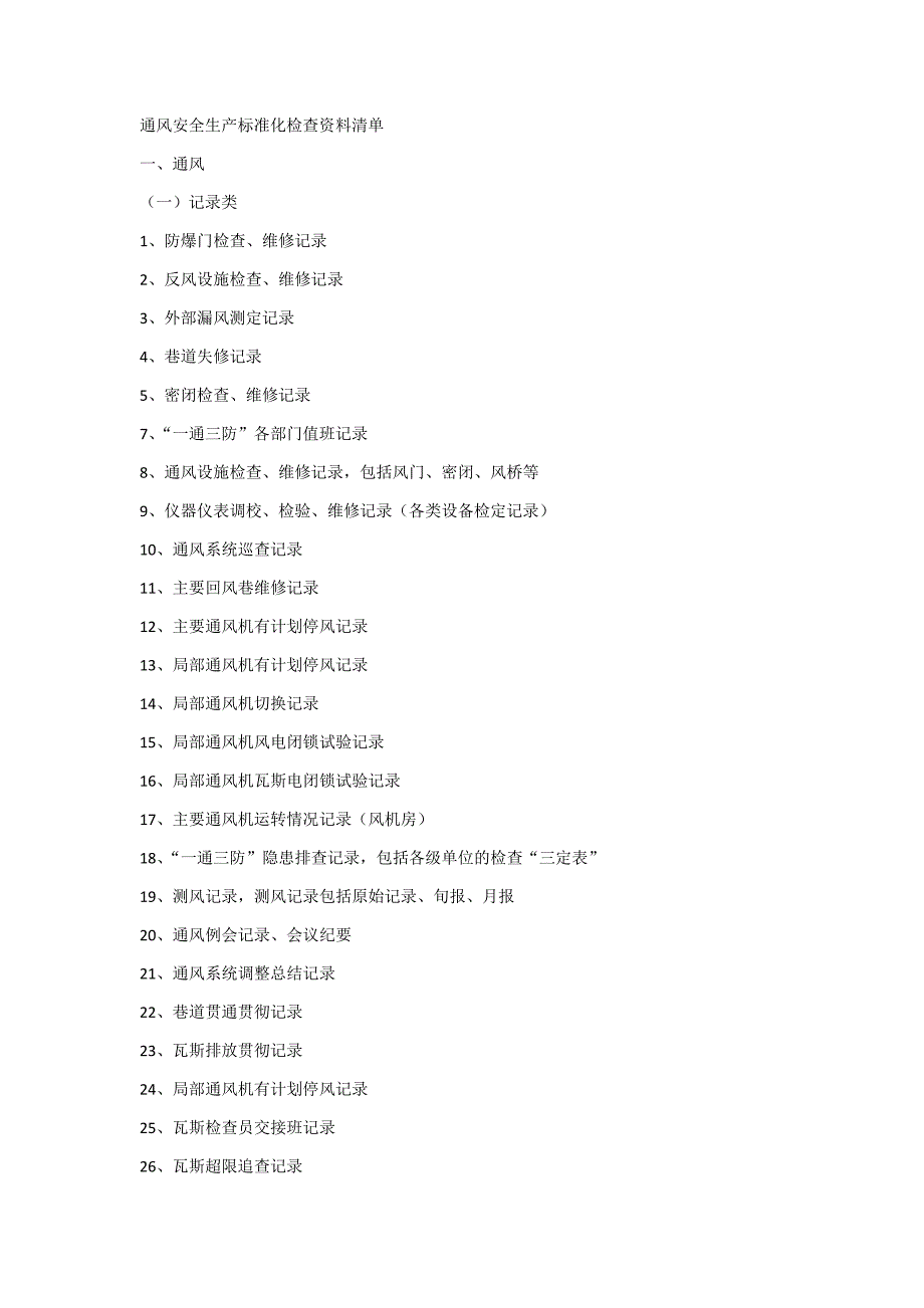 通风安全生产标准化检查资料清单_第1页