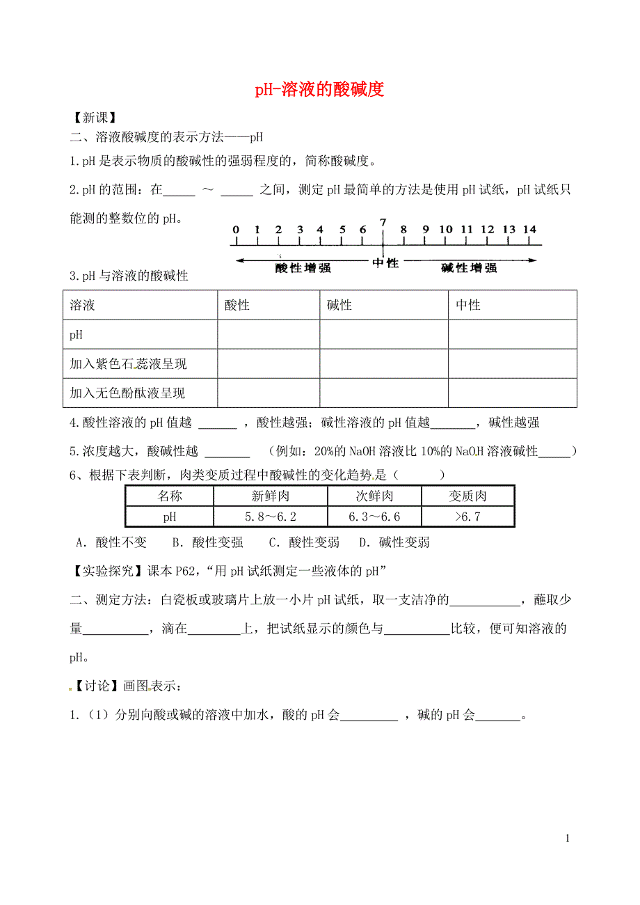 江苏省溧水县孔镇中学九年级化学下册 pH-溶液的酸碱度学案（无答案） 新人教版_第1页