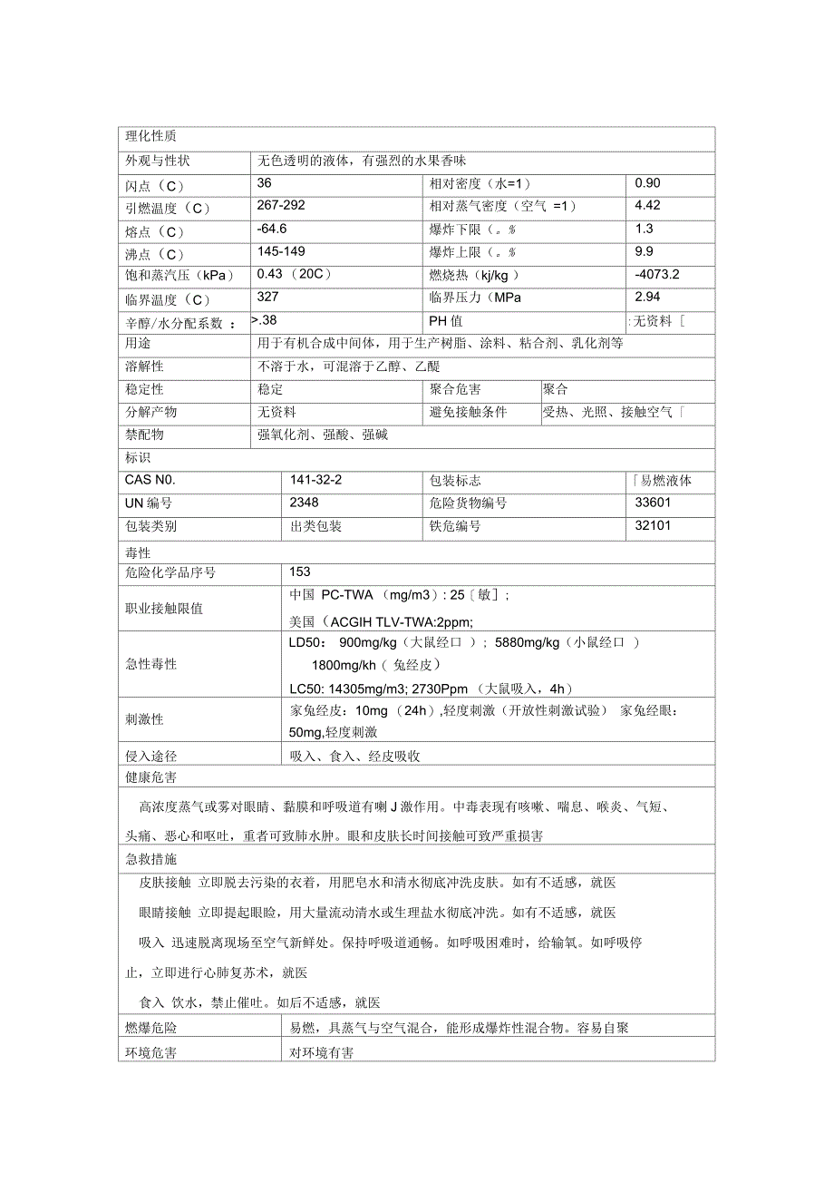 丙烯酸丁酯安全技术说明书_第1页