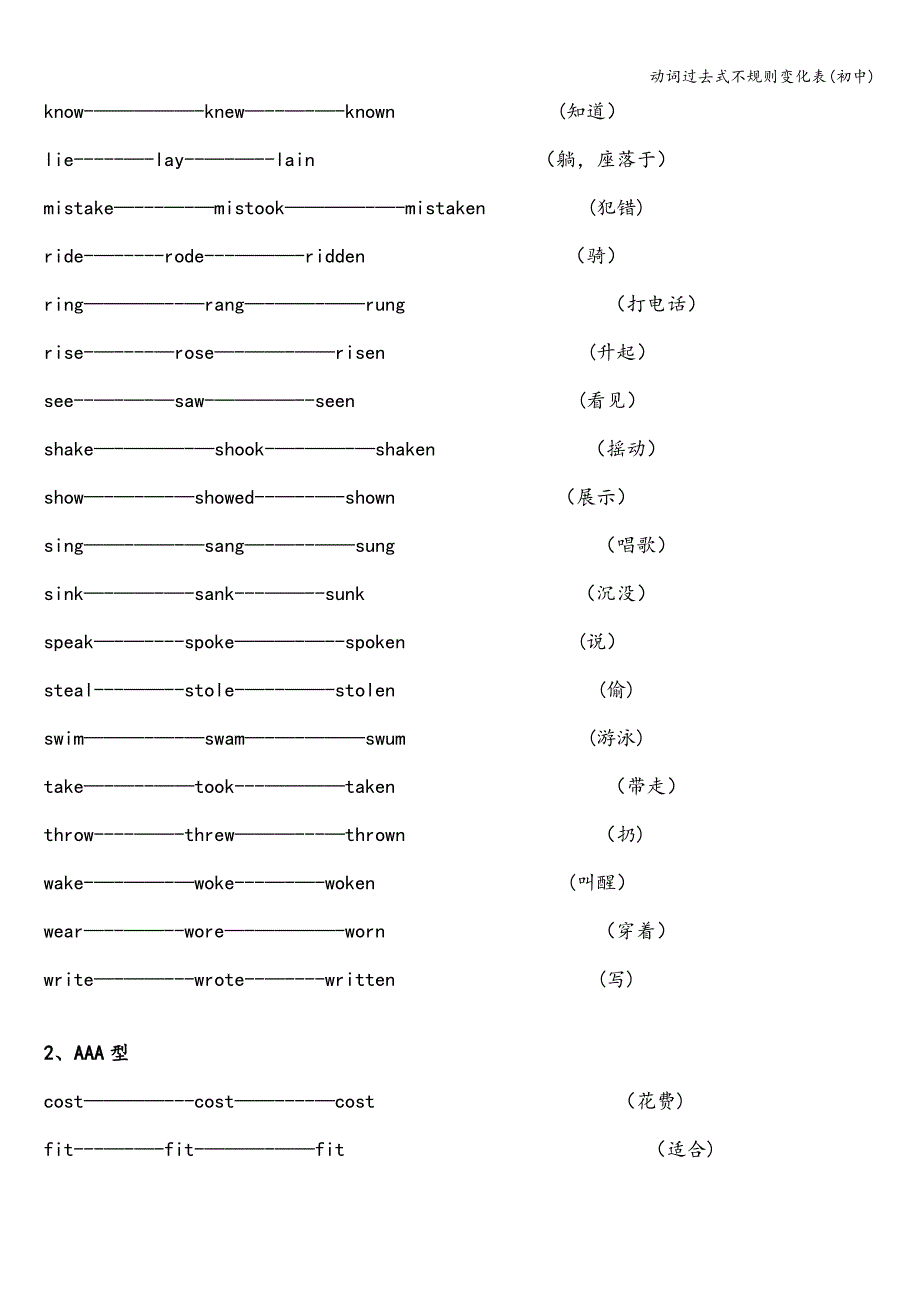 动词过去式不规则变化表(初中).doc_第2页