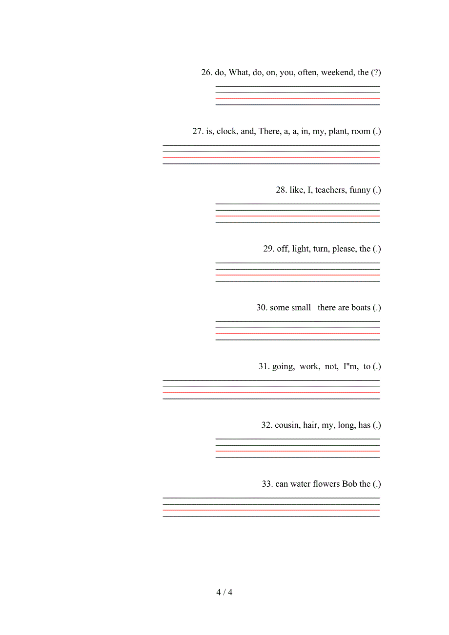 北师大2022年五年级英语下学期连词成句全能专项练习_第4页