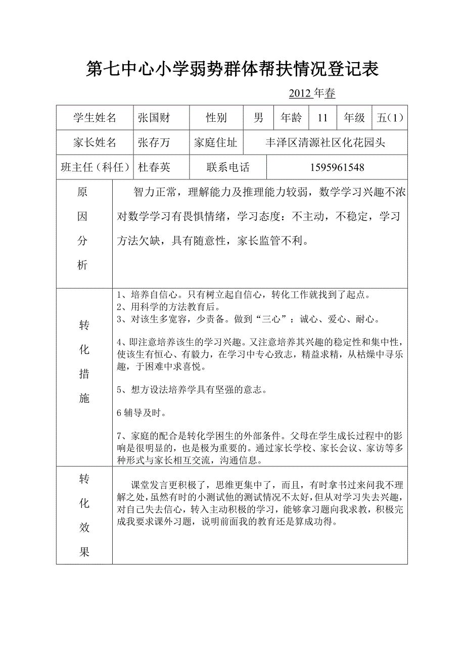 第七中心小学弱势群体帮扶情况登记表_第1页