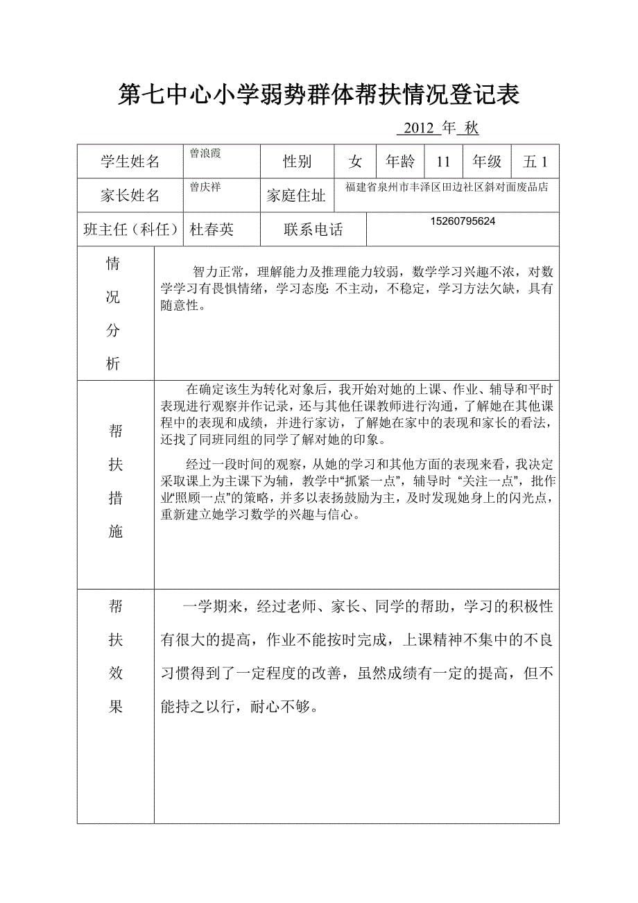 第七中心小学弱势群体帮扶情况登记表_第5页