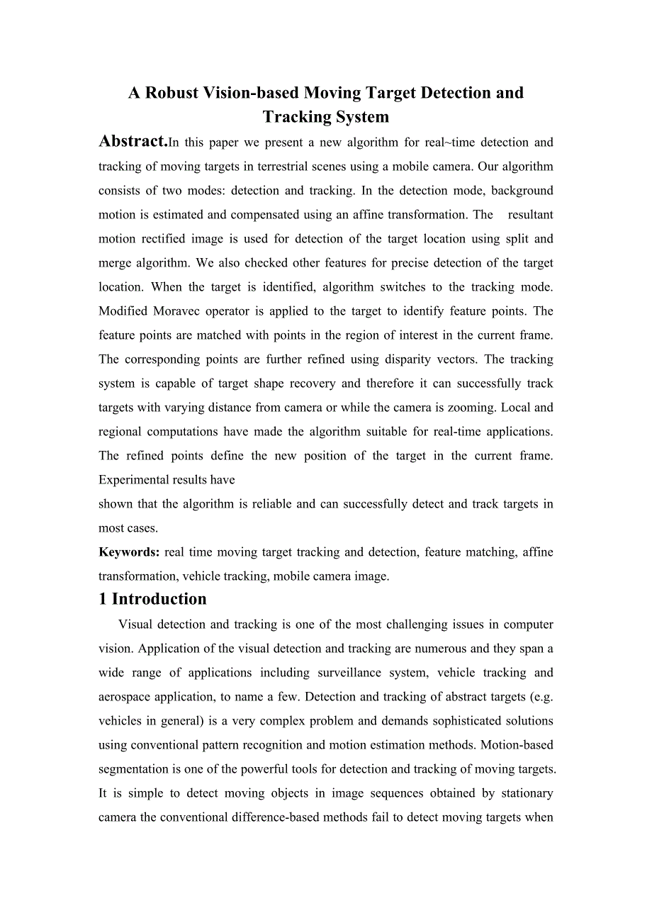 英文文献-一个鲁棒的基于机器视觉运动目标检测与跟踪系统_第1页