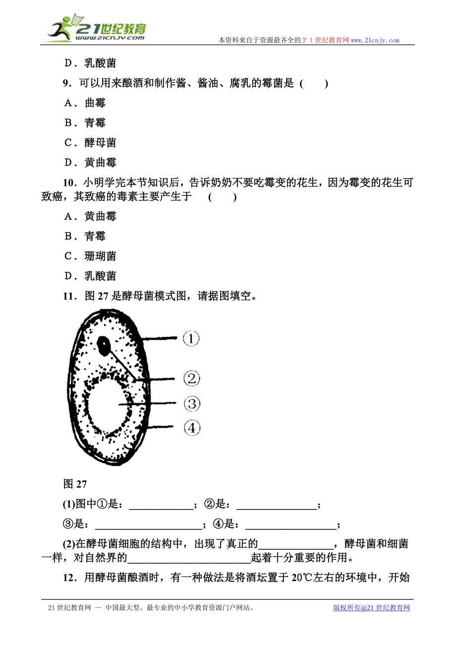 八年级上生物第二章第一节酵母菌和霉菌习题精选.doc_第3页