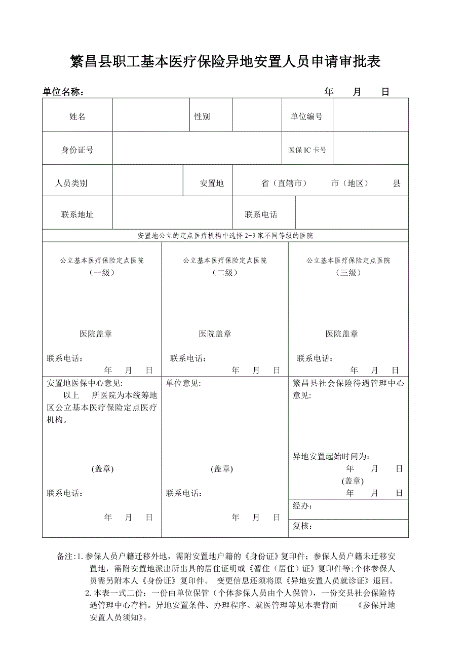 繁昌县职工基本医疗保险异地安置人员申请审批表_第1页