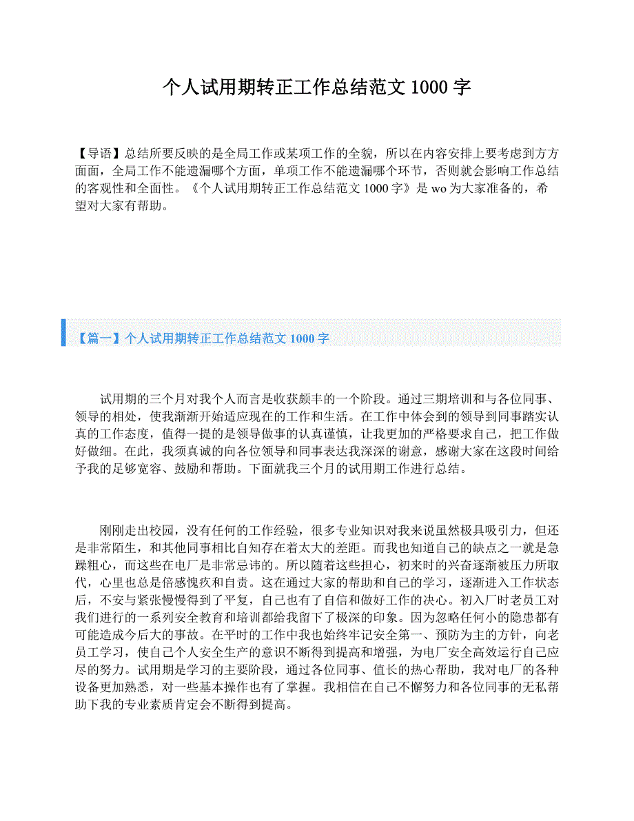 个人试用期转正工作总结范文1000字_第1页