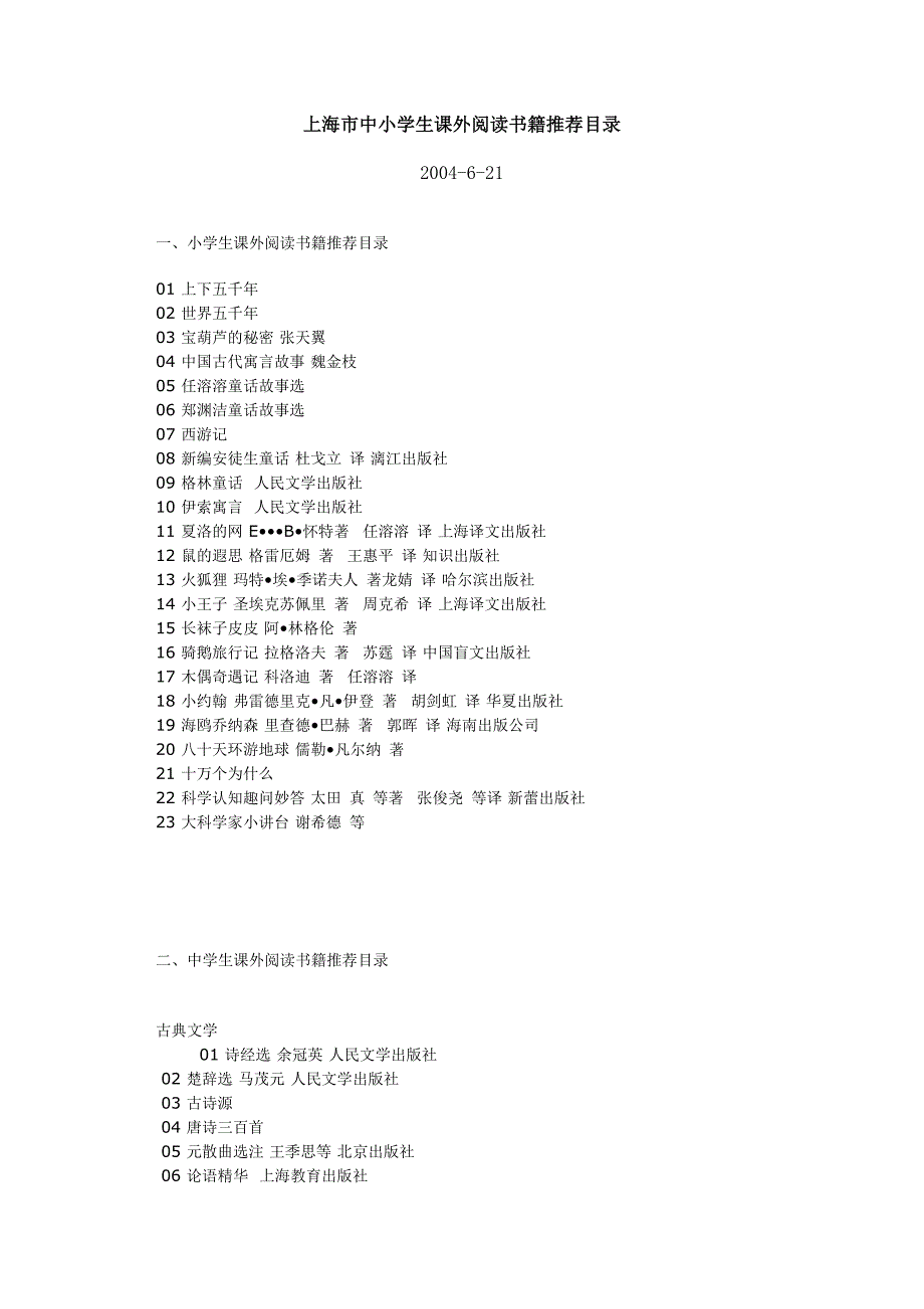 上海市中小学生课外阅读书籍推荐目录.doc_第1页