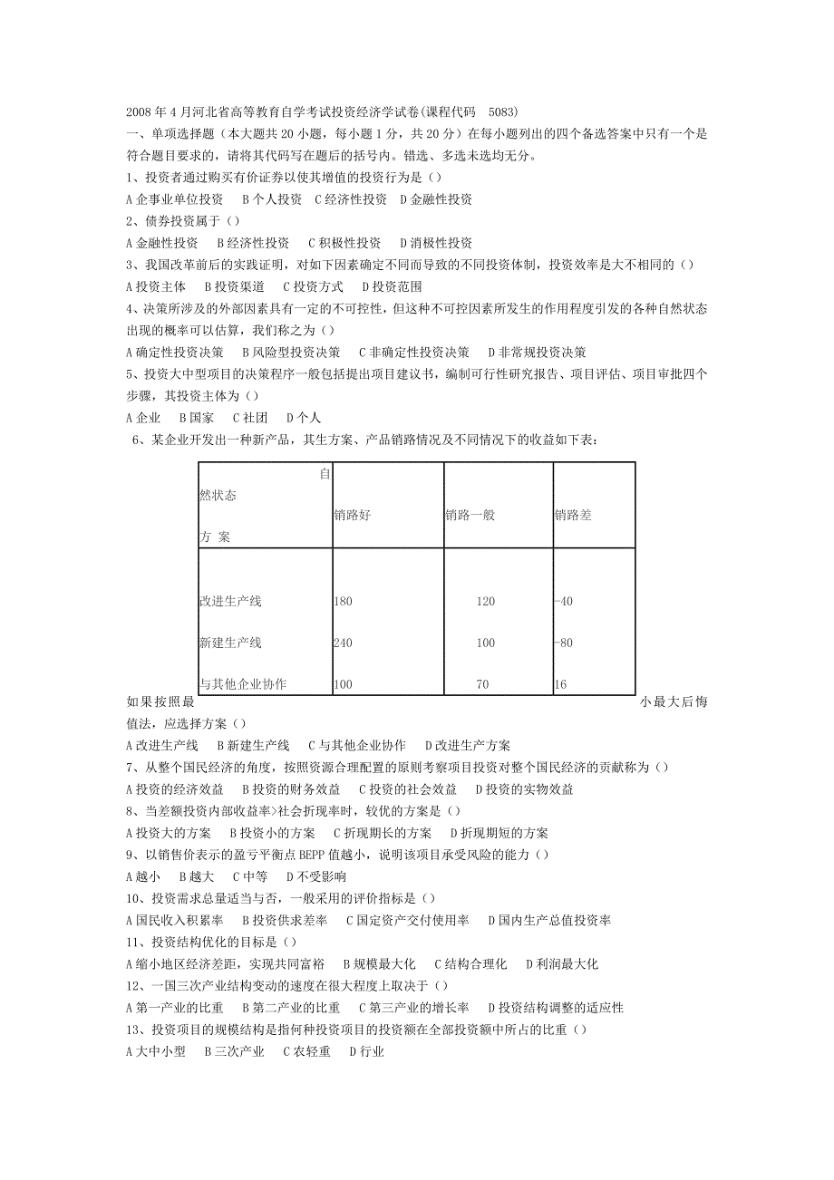 投资经济学试卷与答案_第1页