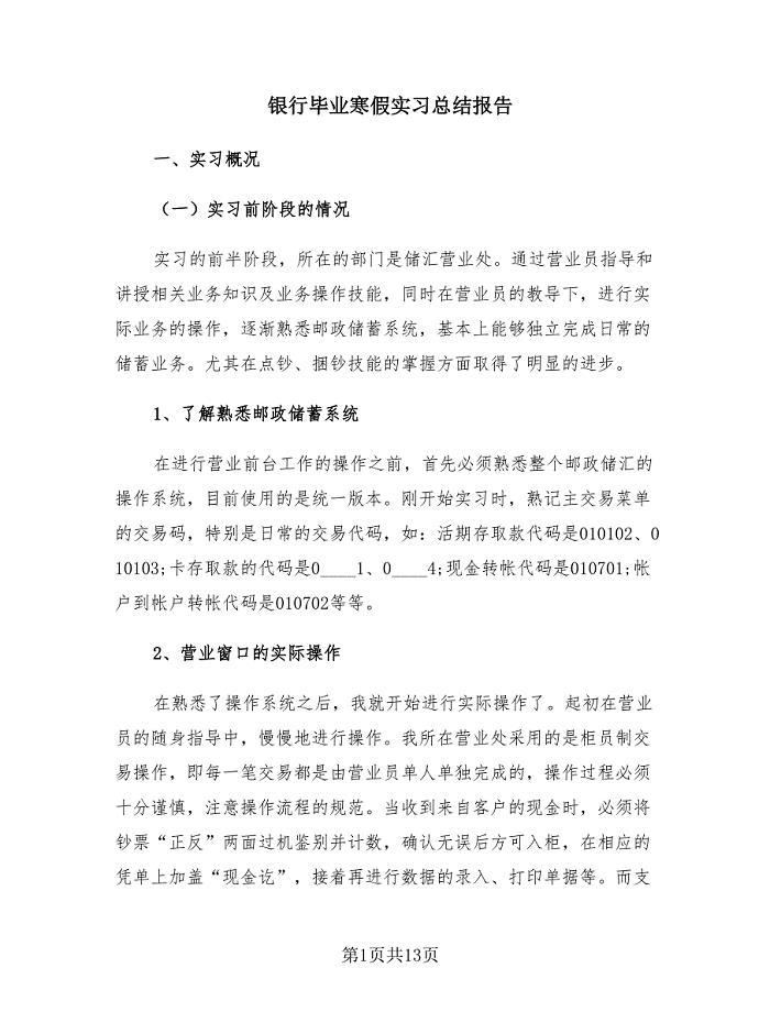 银行毕业寒假实习总结报告（3篇）.doc