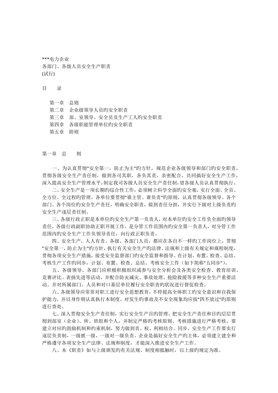电力企业公司各部门各级人员安全生产职责_第1页