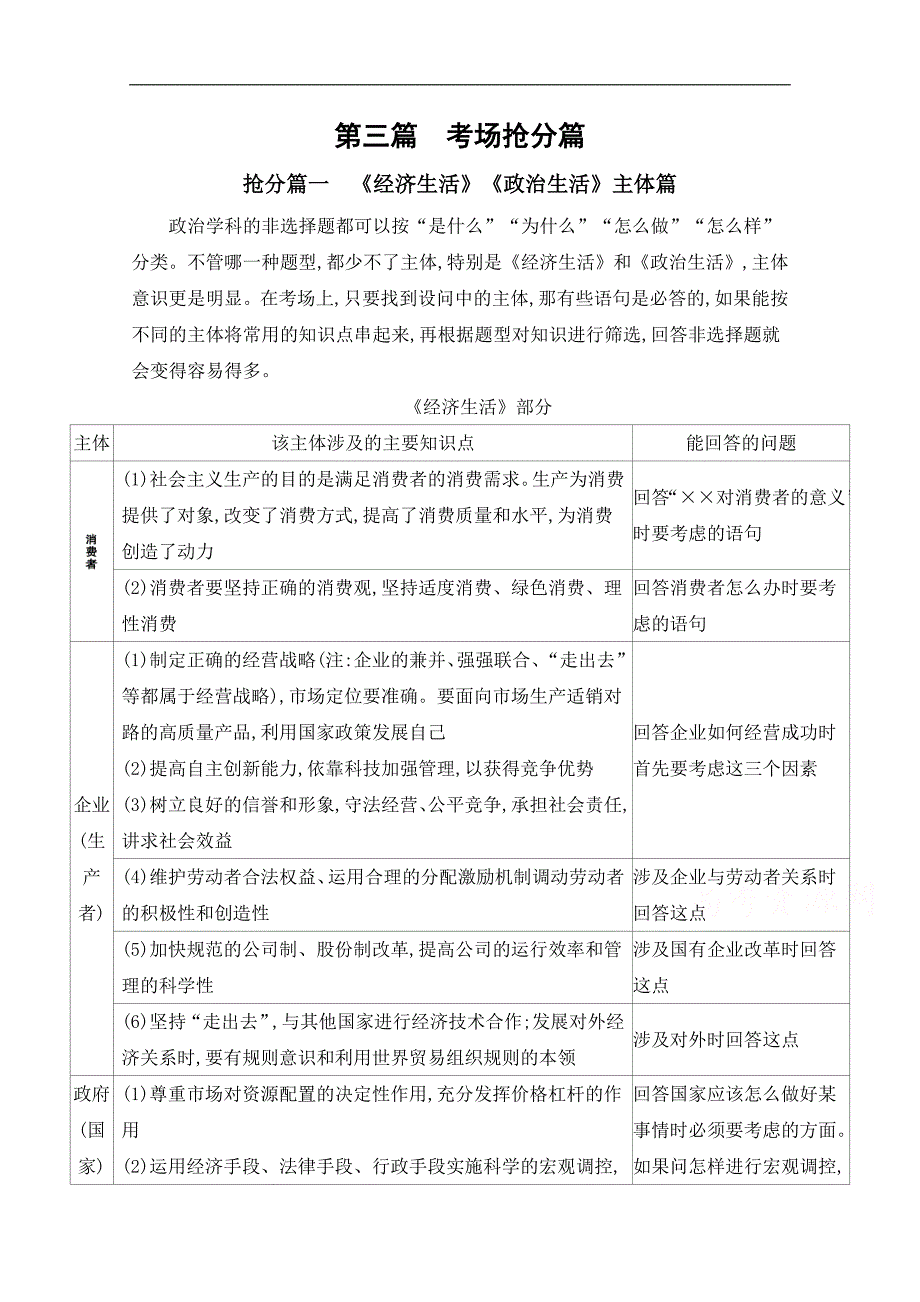 高考政治山东省二轮复习训练题：第三篇　考场抢分篇 抢分篇一　经济生活政治生活主体篇 Word版含解析_第1页