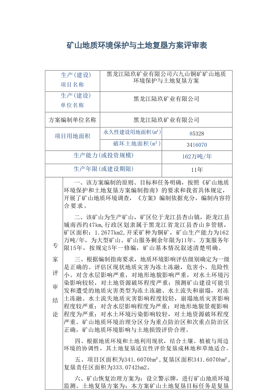 黑龙江陆玖矿业有限公司六九山铜矿矿山地质环境保护与土地复垦方案评审表.docx_第1页