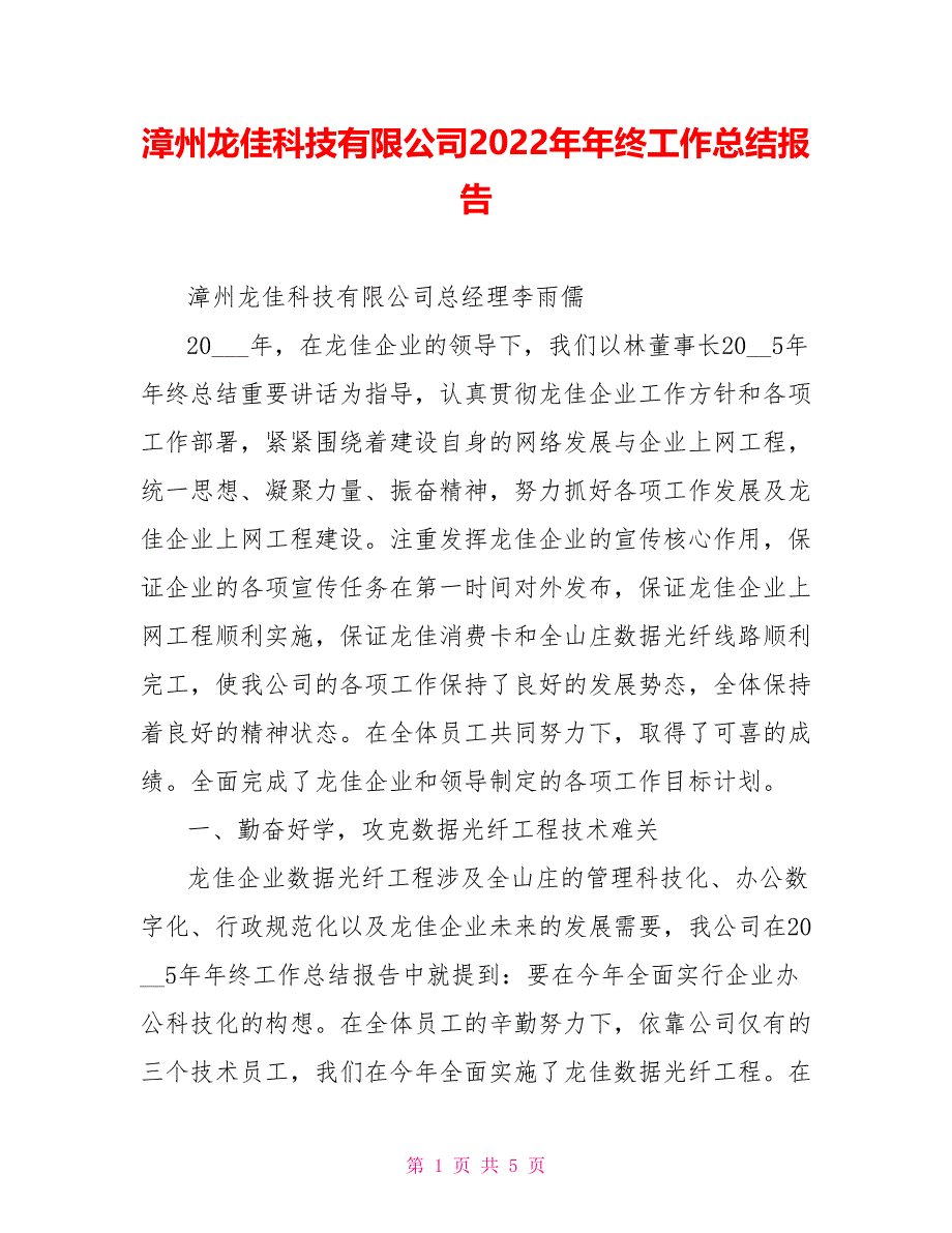 漳州龙佳科技有限公司2022年年终工作总结报告_第1页