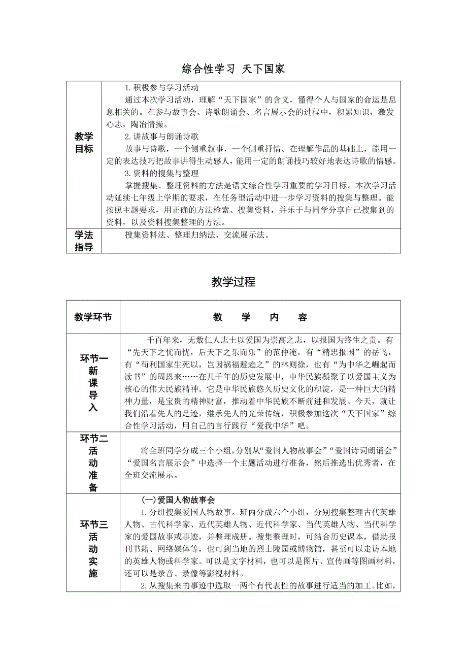 七年级下册 第二单元 综合性学习 天下国家（表格式教案）_第1页