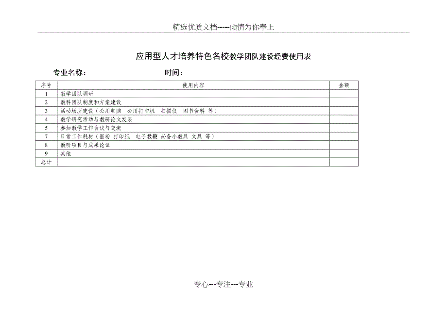 应用型人才培养特色名校教学团队建设经费使用表_第1页