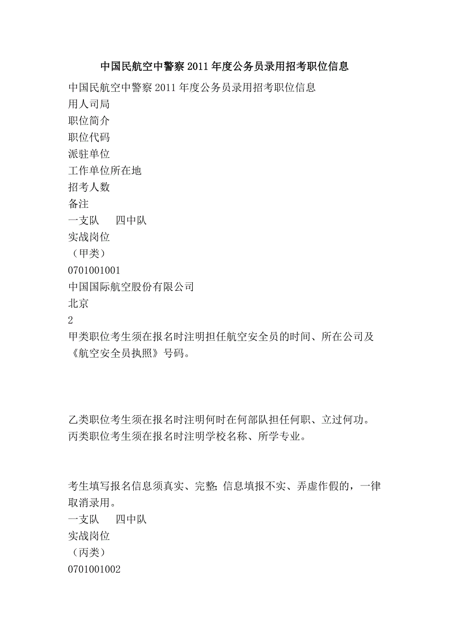 中国民空中警察2011年度公务员录用招考职位信息.doc_第1页