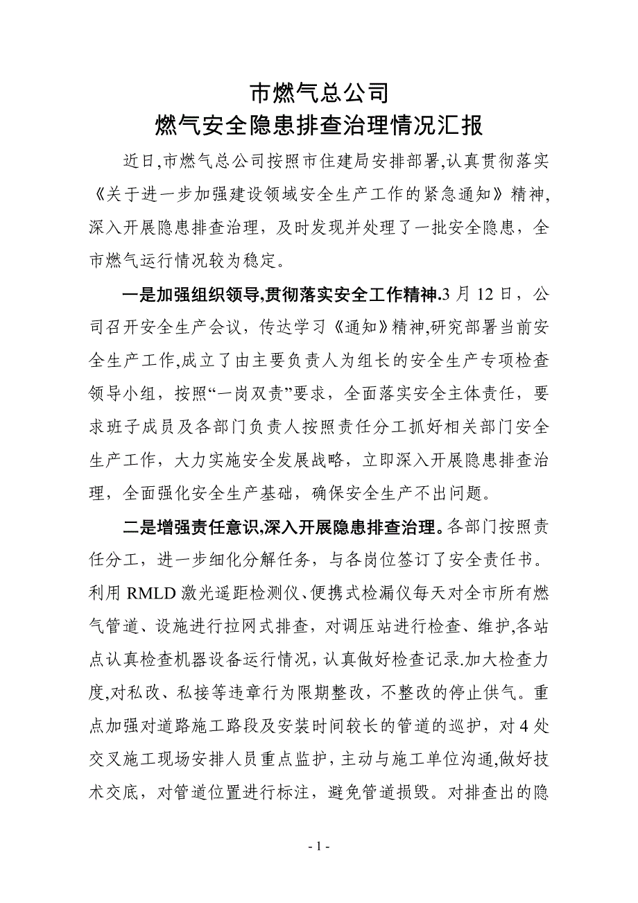 市燃气总公司安全隐患排查治理情况汇报_第1页