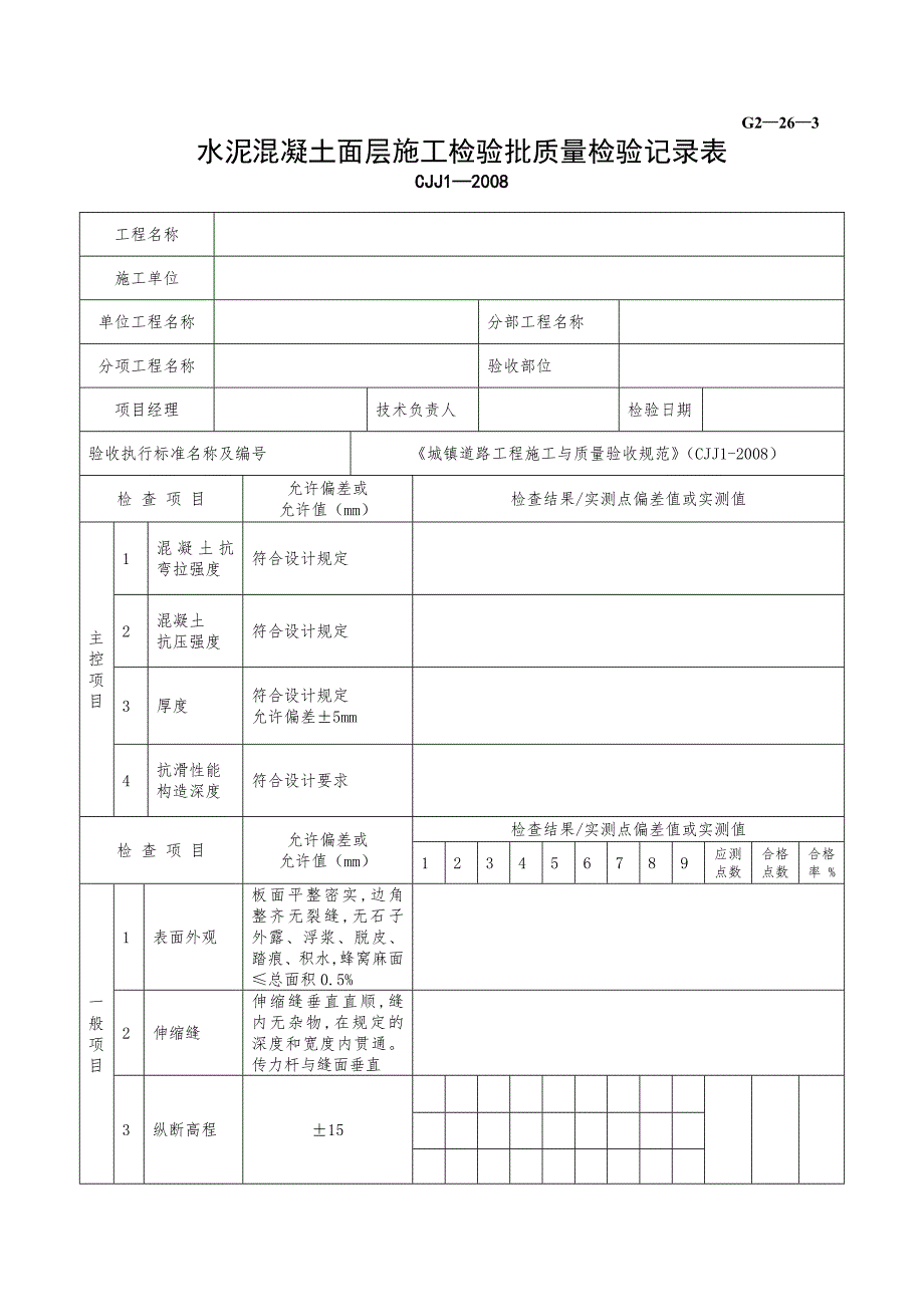 G2—26—3水泥混凝土面层施工检验批质量检验记录_第1页