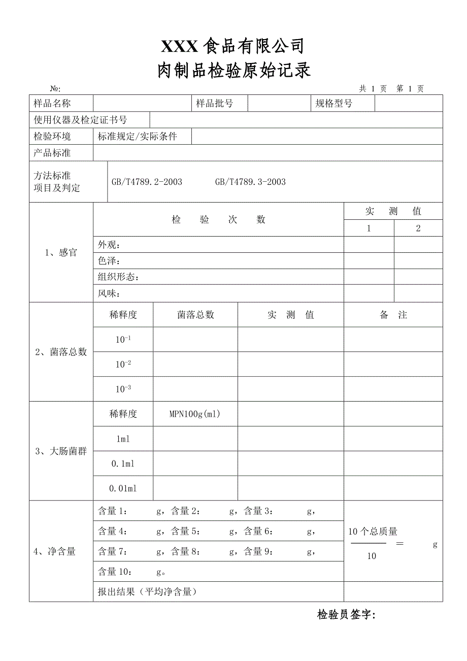 肉制品检验原始记录_第1页