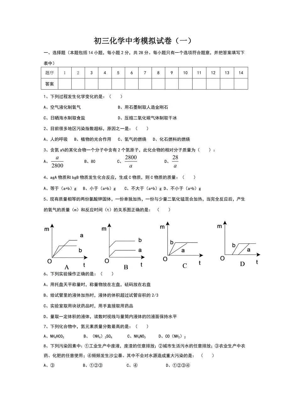 初三化学中考模拟试卷含答案_第1页