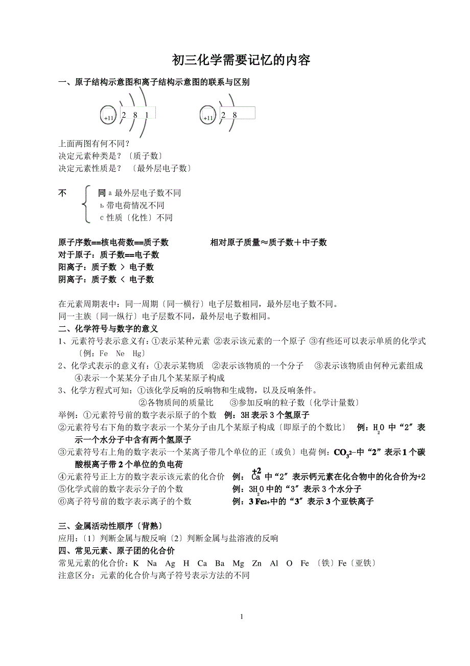 初三化学需要记忆的内容归纳_第1页