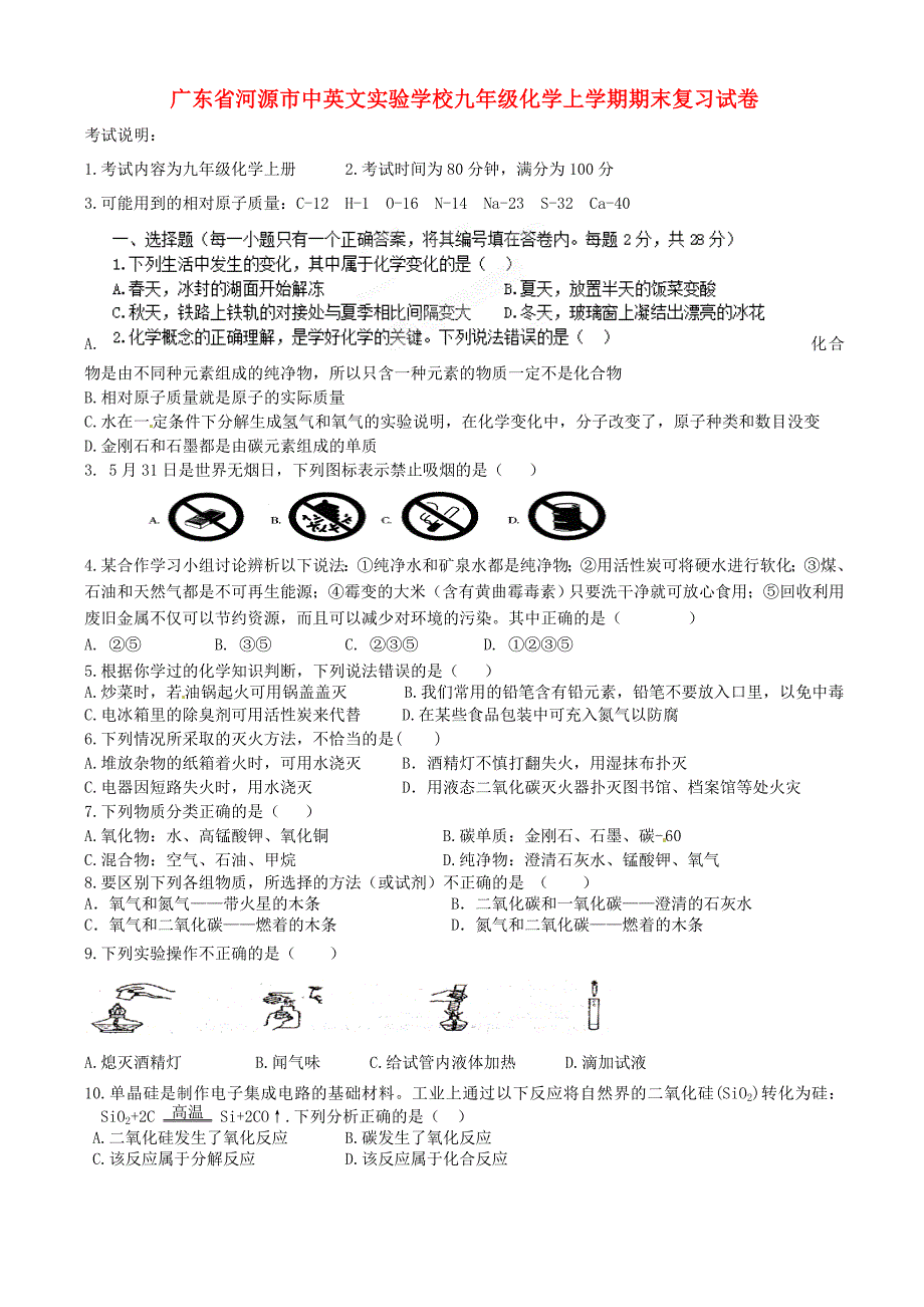 广东省河源市中英文实验学校九年级化学上学期期末复习试卷（无答案）（新版）新人教版_第1页