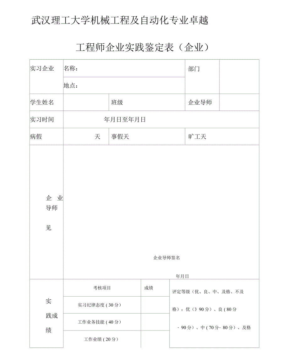 武汉理工大学机械工程及自动化专业卓越工程师企业实践成绩评定表_第1页