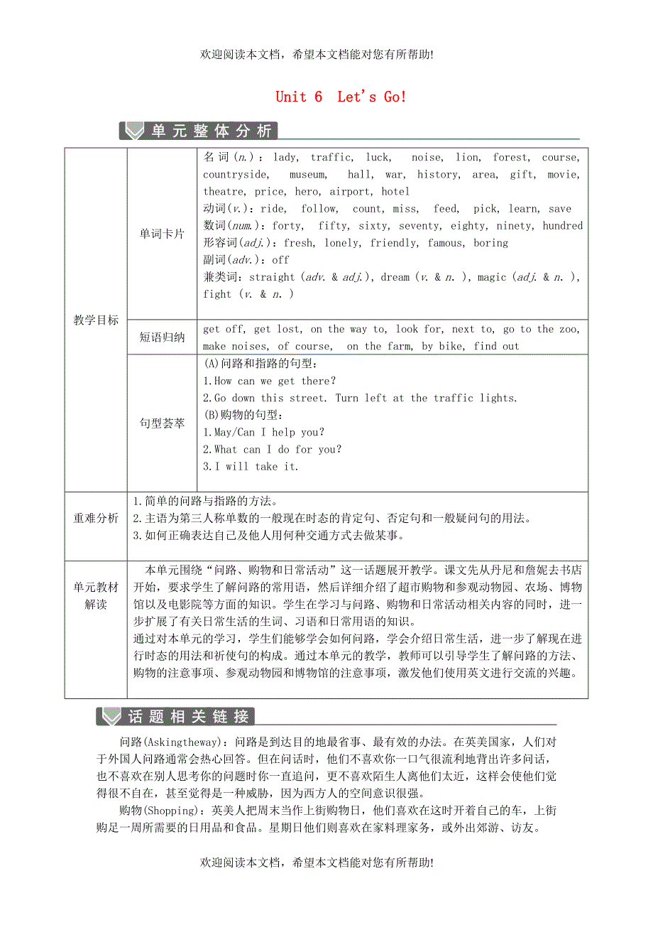 2018_2019学年七年级英语上册Unit6Let’sGo单元整体分析话题相关链接新版冀教版_第1页