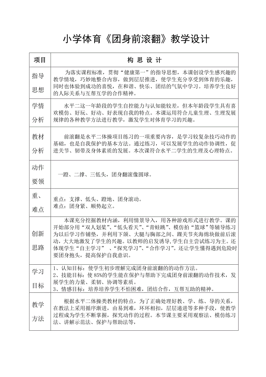 小学体育《团身前滚翻》教学设计_第1页