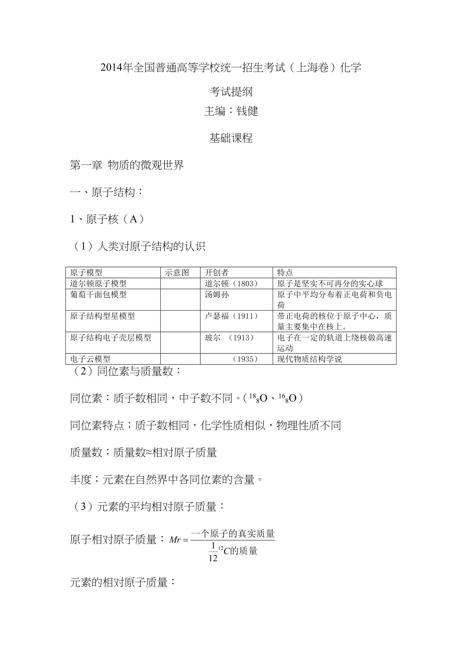 2022年普通高等学校统一招生考试上海卷化学考纲知识点分析