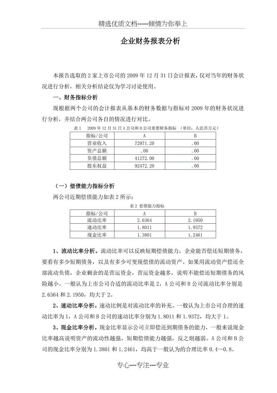 企业财务报表分析范例——两公司对比分析(共22页)_第1页