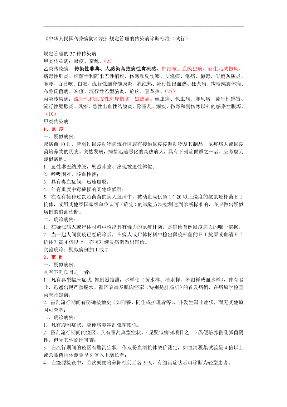 中华人民共和国传染病防治法规定管理的传染病诊断标准（试行）_第1页