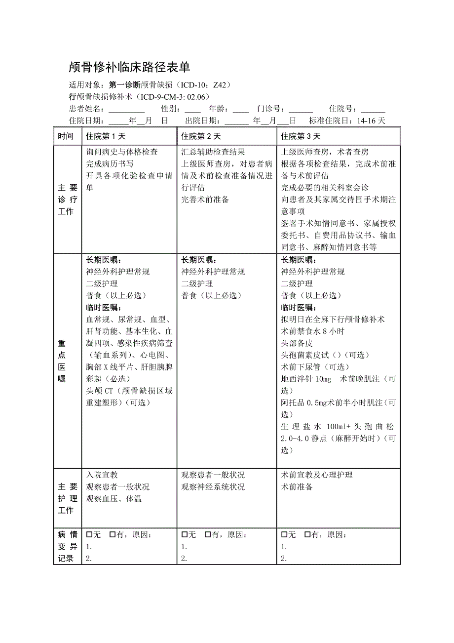 颅骨缺损临床路径表单 (2).doc_第1页