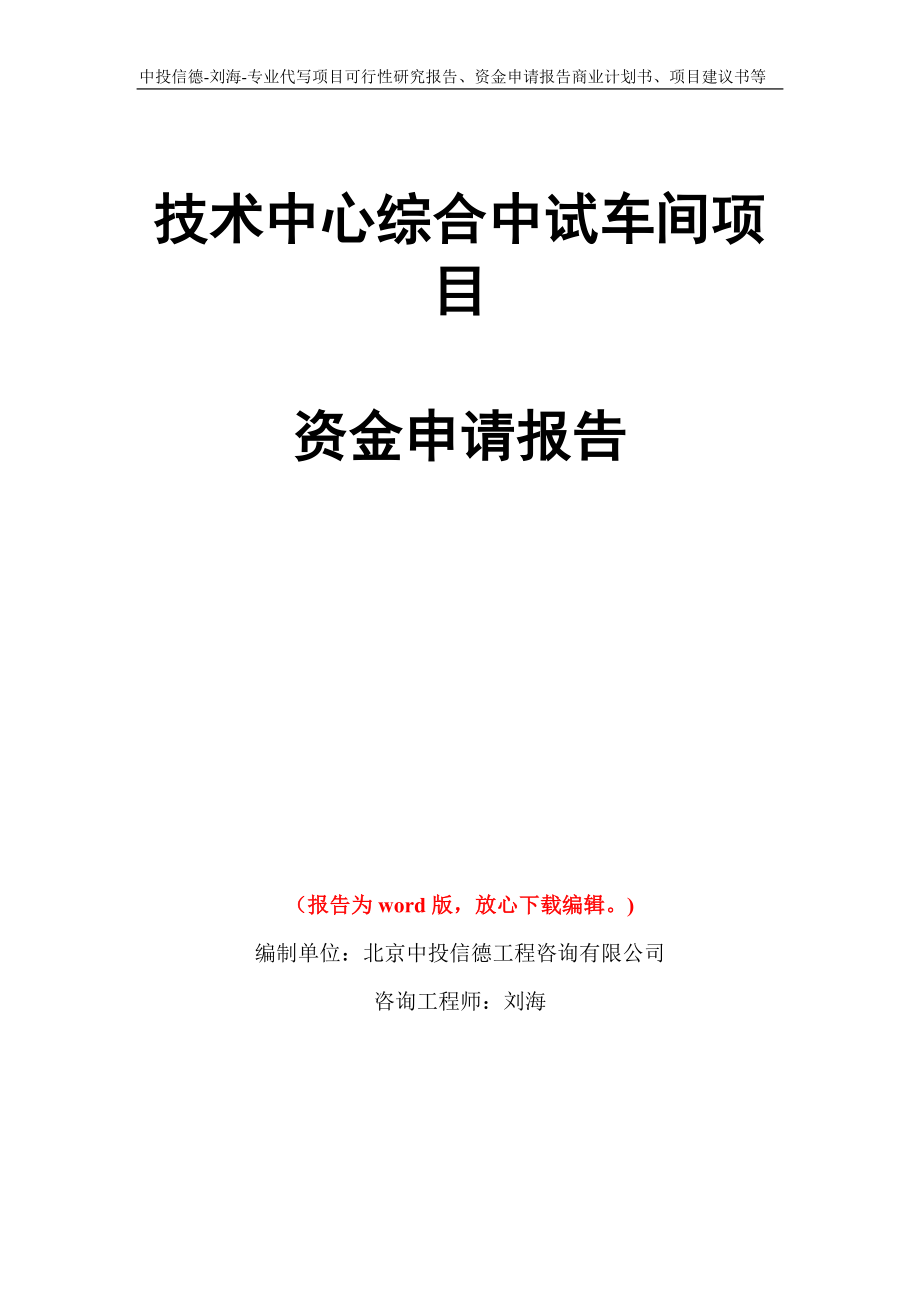 技术中心综合中试车间项目资金申请报告写作模板代写_第1页