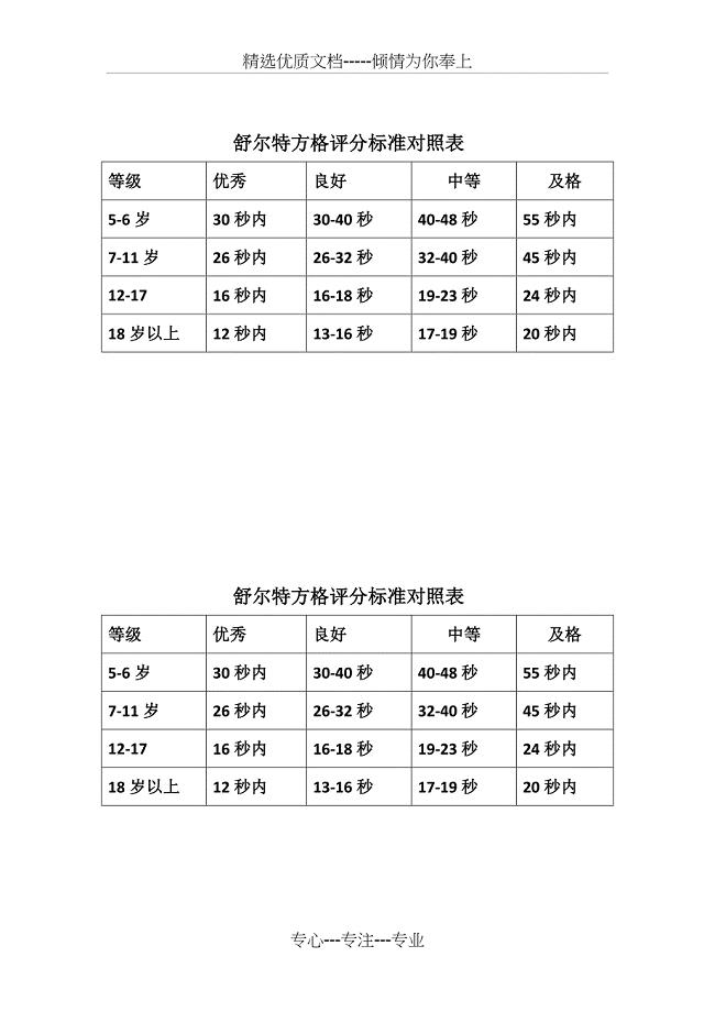 舒尔特方格评分标准对照表