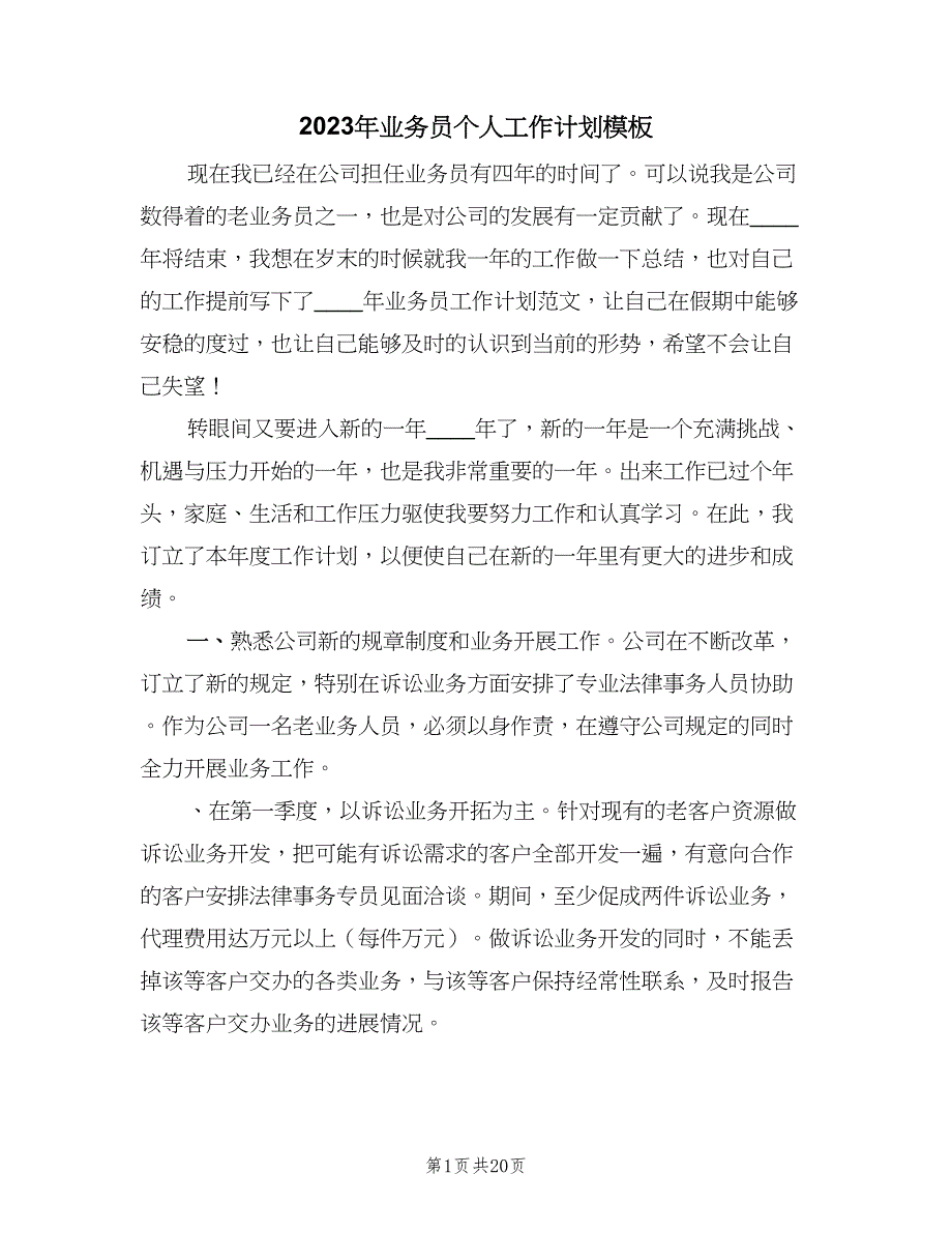 2023年业务员个人工作计划模板（9篇）_第1页