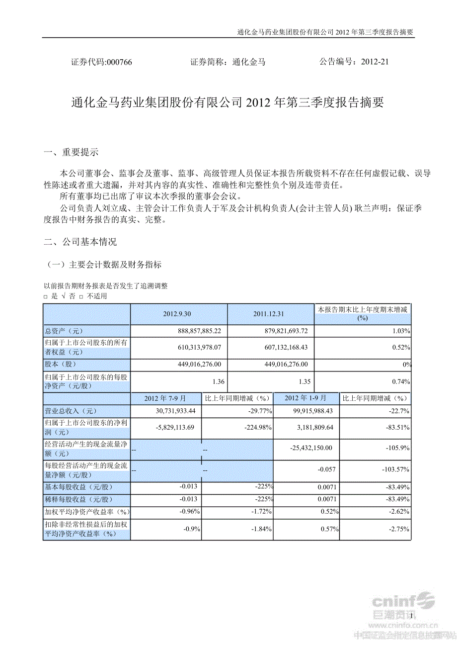 通化金马：第三季度报告正文_第1页