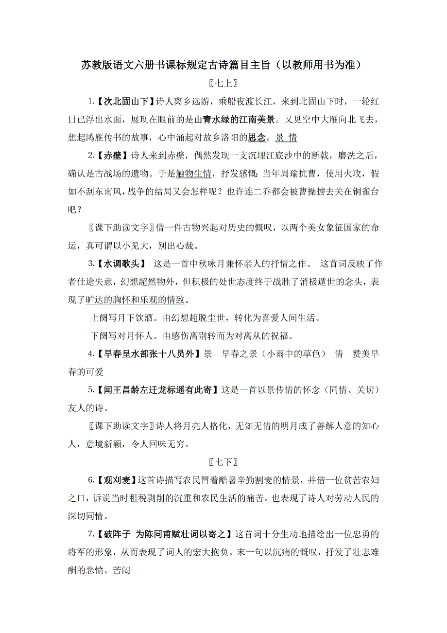 苏教版语文六册书课标规定古诗篇目主旨.doc_第1页