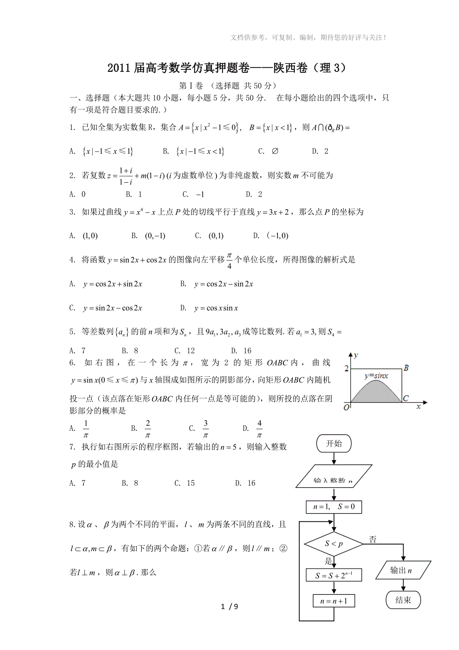 2011届高考数学仿真押题卷之陕西卷：理_第1页