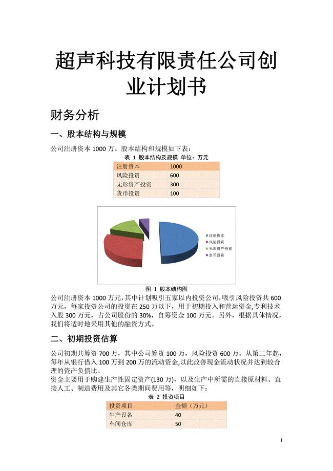 超声科技有限责任公司创业计划书