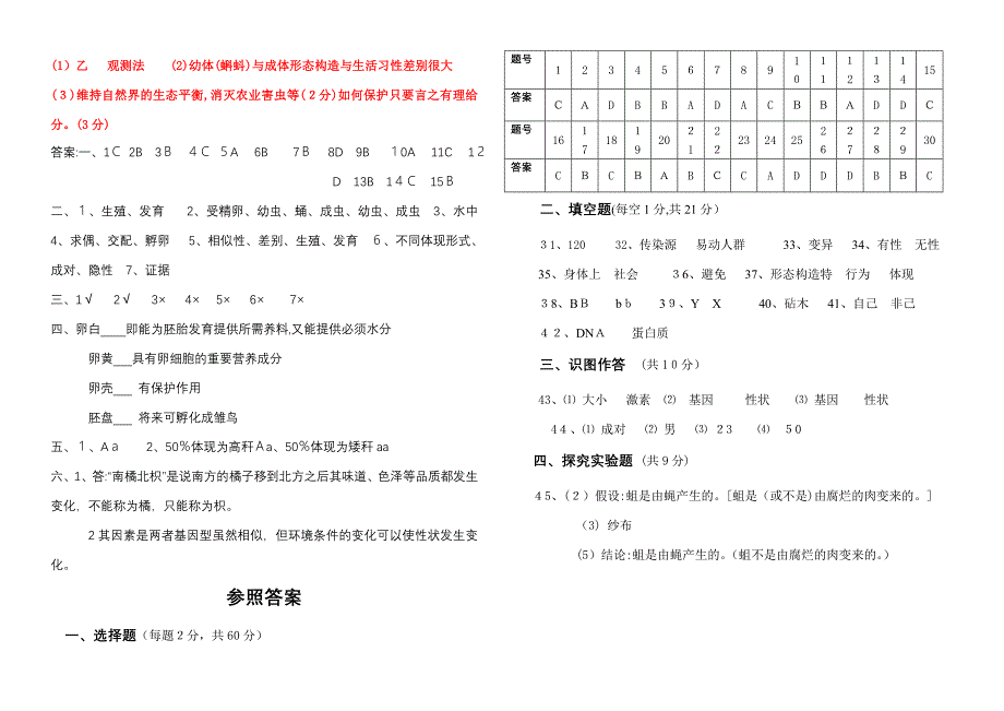 初二生物试题针对行强,使用期末考试_第4页