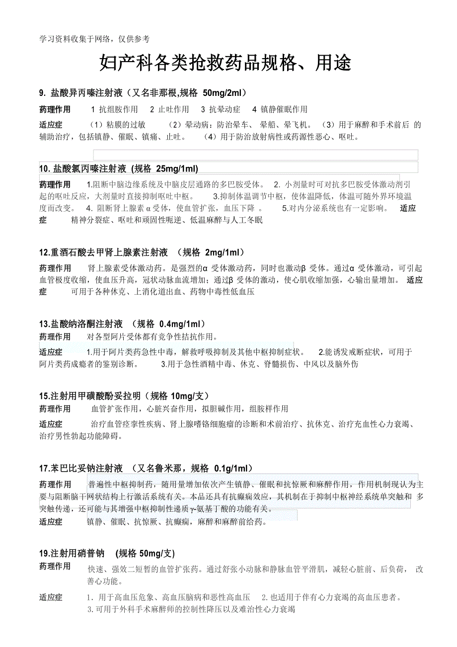 妇产科各类抢救药品规格、用途_第1页