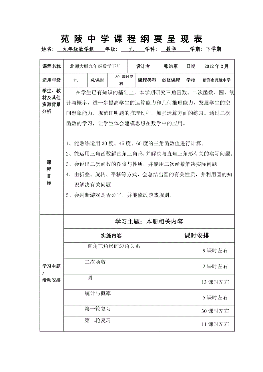 九年级数学课程纲要呈现表_第1页